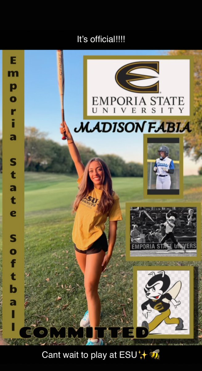 fabia2023's tweet photo. So excited to announce that I am officially committed to Emporia State!! 💛🐝🖤Huge thank you to my parents for always supporting me and all my coaches I’ve had who have believed in me; Corby Fisher, Frank Kearney, Amy Alaniz, Shawn Lopez, and Drema Neal! Love you all very much. https://t.co/FQyC6ANNeE