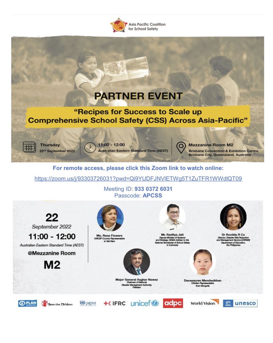 vhalhen123's tweet photo. #APMCDRR2022 
Happening now at M2 -partner event of Asia Pacific Coalition on School Safety (APCSS).We will hear from #Indonesia #Philippines #Pakistan governments and Dava, a 15 yo girl from Mongolia. JOIN US! 
@PlanAsiaPacific @WVAsia @UNICEF_EAPRO @sciasianews @UNDRR_AsiaPac https://t.co/3egti9ZMlR