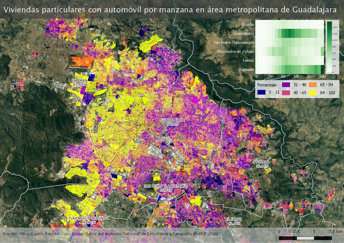 En el #DiaMundialSinAuto comparto análisis que muestra en dónde se concentran viviendas particulares con vehículos en el área metropolitana de Guadalajara. Un primer patrón es que existen más zonas homogéneas de manzanas con el porcentaje ... (1) @sonia_ssi @EFToussaint @Jnlomeli