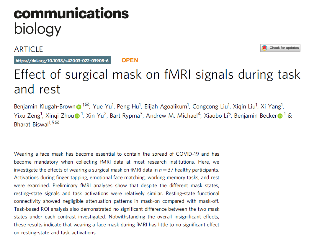Benjamin Klugah-Brown (@klugah28) on Twitter photo Our paper is finally online. In this paper we showed that wearing normal face mask (surgical mask) has little to know effect on brain activations during fMRI task and rest. Thanks to our co-authors
<a href="/restingstate/">Bharat Biswal</a> <a href="/bn_becker/">Ben Becker</a> and everyone involved
rdcu.be/cV3LM Our paper is finally online. In this paper we showed that wearing normal face mask (surgical mask) has little to know effect on brain activations during fMRI task and rest. Thanks to our co-authors
<a href="/restingstate/">Bharat Biswal</a> <a href="/bn_becker/">Ben Becker</a> and everyone involved
rdcu.be/cV3LM