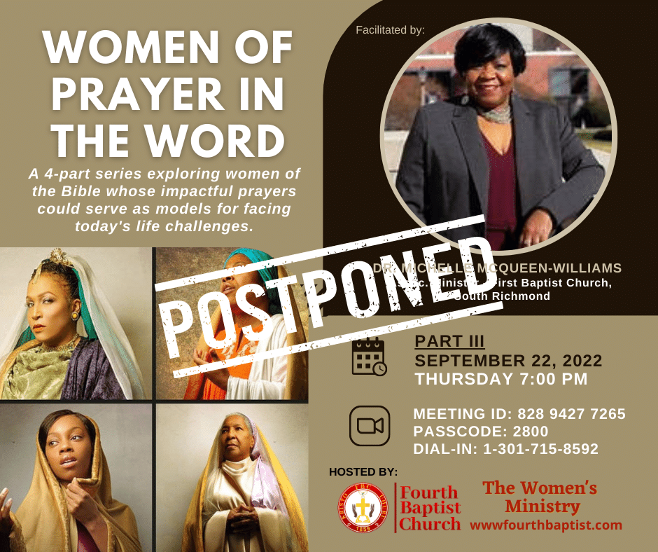 FourthBaptist's tweet photo. Due to unforeseen circumstances, this Women's Ministry event scheduled for tomorrow has been postponed until late October/early November. For all ladies who were excitedly awaiting this next part in the series, please stay tuned for the new date! https://t.co/IzDlGi2u1g