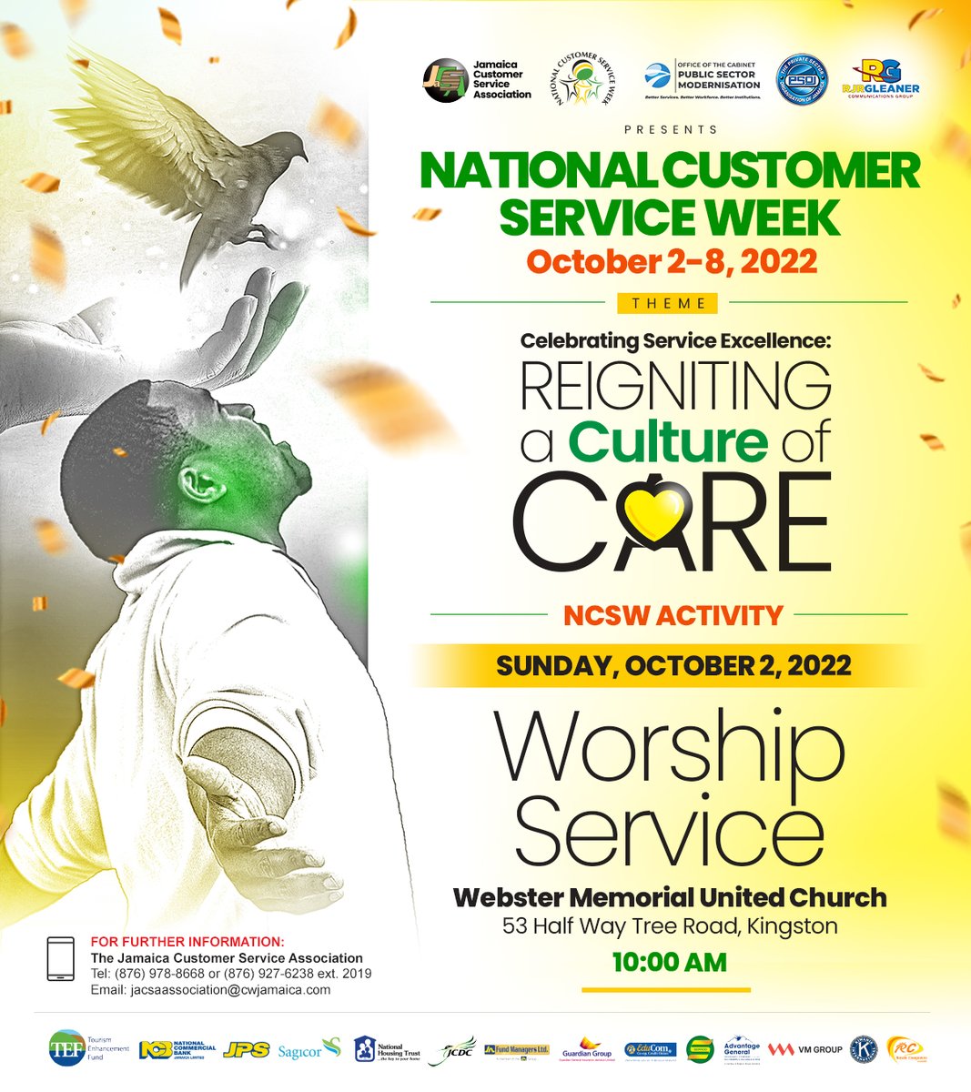 JaCSA_JM's tweet photo. Join us on Sunday, October 2, 2022 as we start National Customer Service Week in prayer at the Webster Memorial United Church, starting at 10 a.m. 

#NationalCustomerServiceWeek
#churchservice
@thePSOJ 
@psmdja https://t.co/MSCHijkiuo