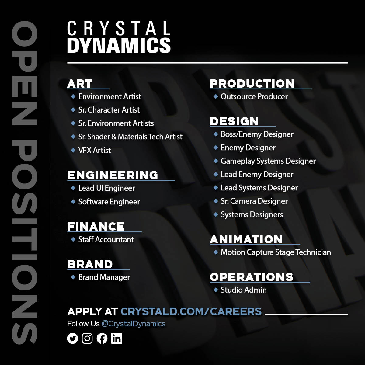 CrystalDynamics's tweet photo. 📢 We are looking for industry juniors and seniors to join us in building the future of #TombRaider!

👀 Check out our open positions! 
https://t.co/8rlAjJP9SL

#GamesJobs #GameDev #GameDevelopment https://t.co/ruWNHtdHSC
