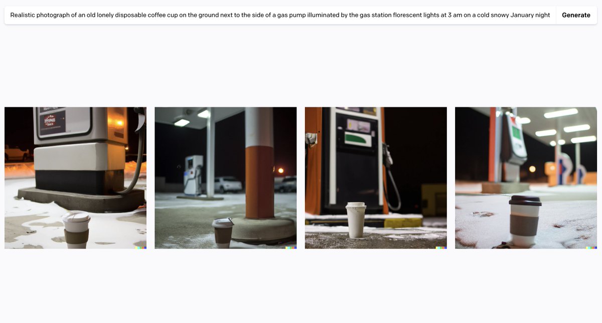 Michael_Lacock's tweet photo. I love how oddly specific you can get with #Dalle .   Prompt: "Realistic photograph of an old lonely disposable coffee cup on the ground next to the side of a gas pump illuminated by the gas station florescent lights at 3 am on a cold snowy January night." https://t.co/VMEmtFVNth