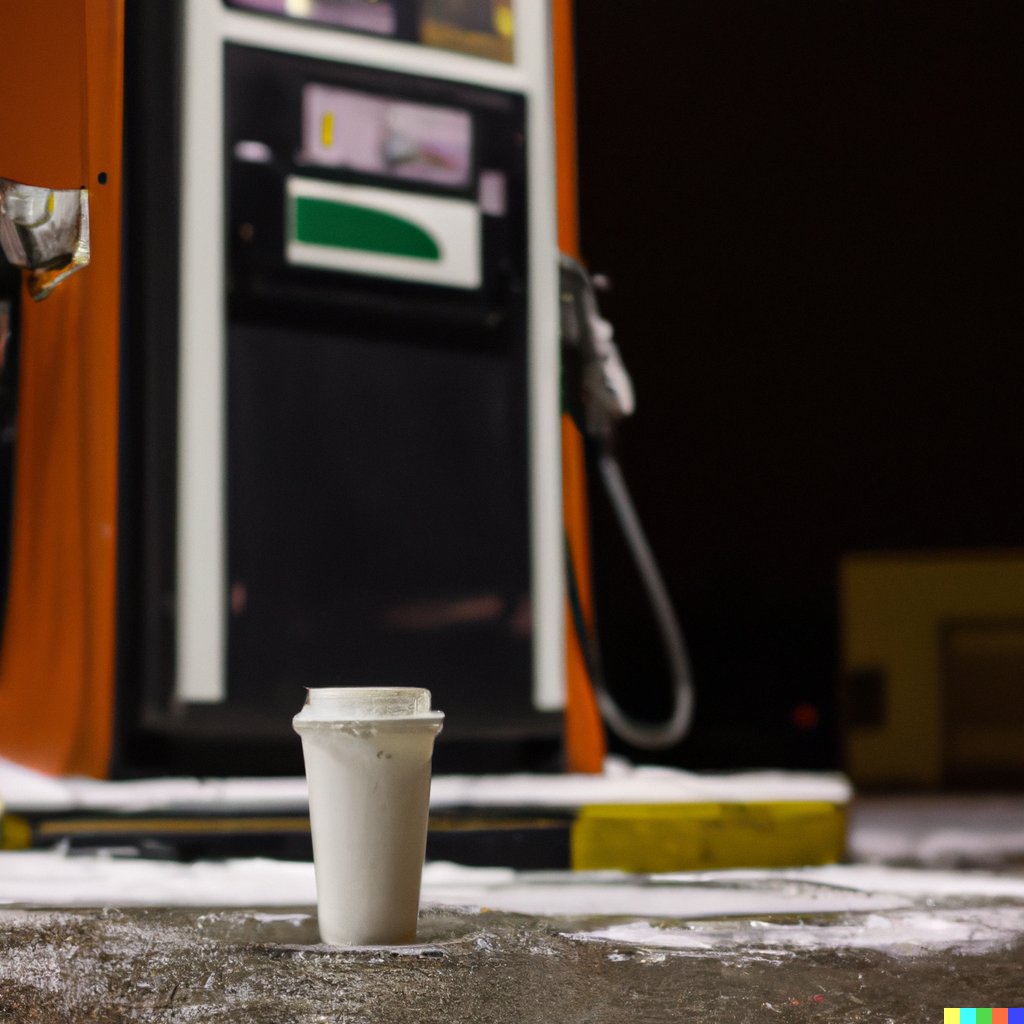 Michael_Lacock's tweet photo. I love how oddly specific you can get with #Dalle .   Prompt: "Realistic photograph of an old lonely disposable coffee cup on the ground next to the side of a gas pump illuminated by the gas station florescent lights at 3 am on a cold snowy January night." https://t.co/VMEmtFVNth
