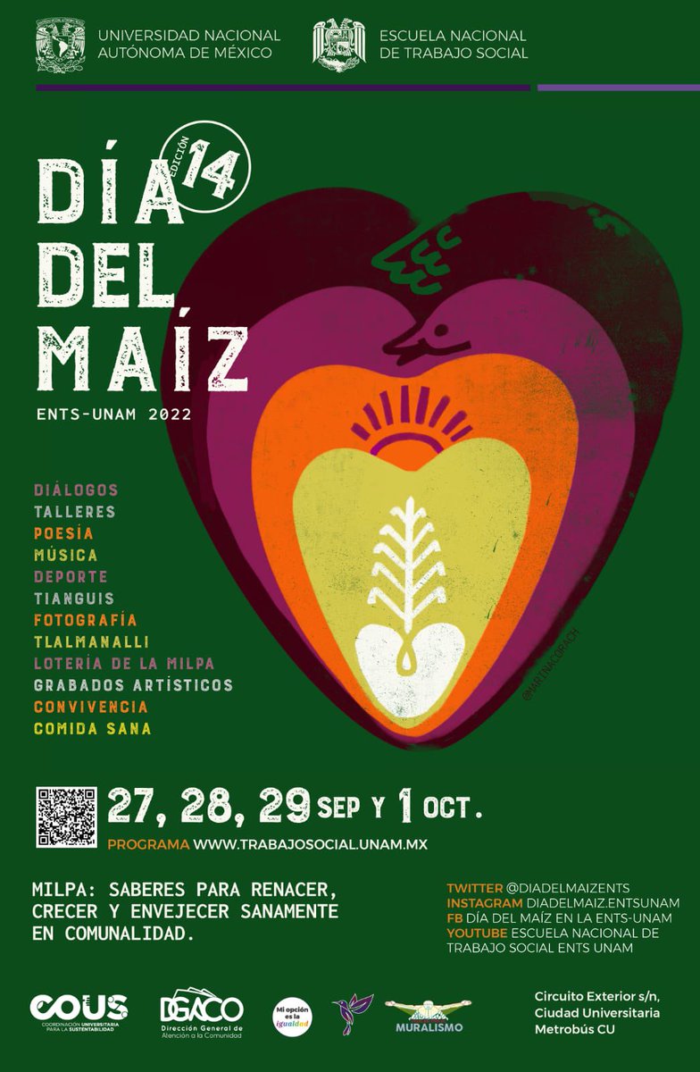 cousunam's tweet photo. #Festejemos del 27 de septiembre al 1 de octubre el @diadelmaizENTS #diálogo, #talleres, #poesía, #música, #deporte y más… Te dejamos el programa completo #NoFaltes 👇 https://t.co/kEep3lQnYa