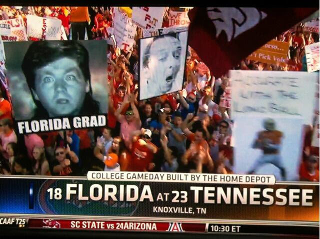 GeorgeTaggJr's tweet photo. ⁦Several inside sources tell me that #FloridaGrad will be making a comeback ⁦@CollegeGameDay in Knoxville this weekend. Exactly 10 years after his debut in 2012, when he stalked Lee Corso all day. Get your🍿ready⁩ ⁦@espn⁩ ⁦@SECNetwork⁩ ⁦@BarstoolTenn⁩ https://t.co/tJocwqXiF5