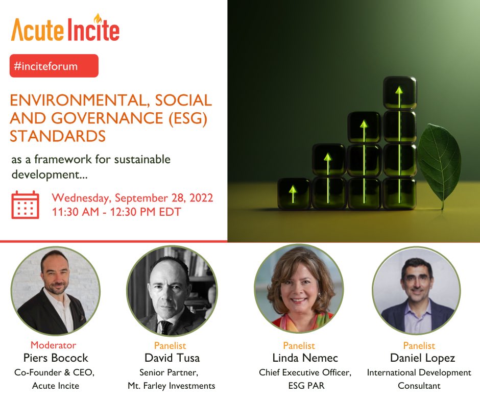 LindaENemec's tweet photo. Interested in #ESG and how it can be leveraged for smart private sector engagement and sustainable development? Join the conversation and register now for the next @acuteincite forum on September 28, 2023 from 11:30-12:30 PM EDT. Register https://t.co/lcY4UgYrot https://t.co/BwPQk3aeYk