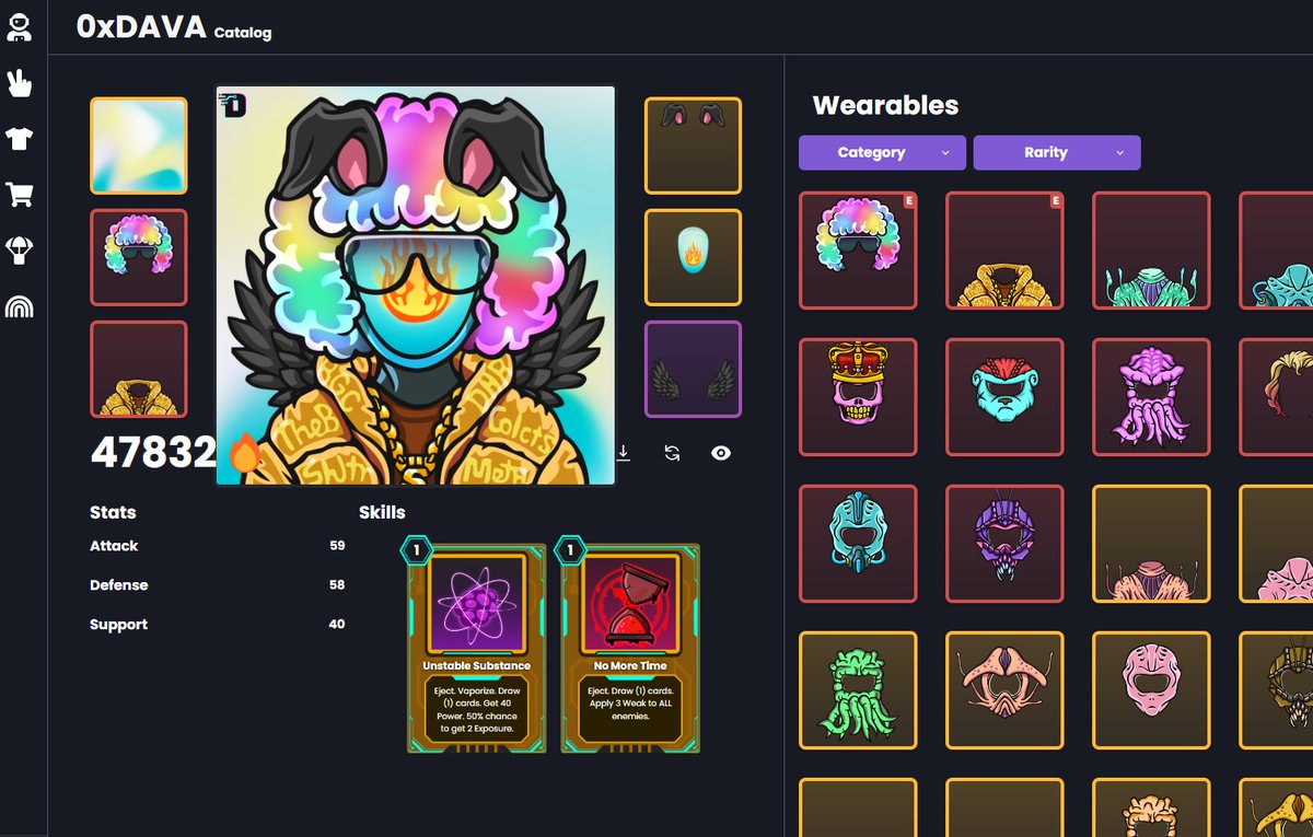 davaprojectNFT's tweet photo. 0xDAVA has been updated!

1⃣ Skill of each wearable.
2⃣Stats of ATK/DEF/SUP in every wearable
3⃣ Total stats of your DAVA
4⃣ There will be essential skills if your DAVA doesn't wear a helmet or suit.

Visit 0xDAVA and find what skills your DAVA has!
https://t.co/wNmL0zzhFJ https://t.co/WnDwdQFKPp