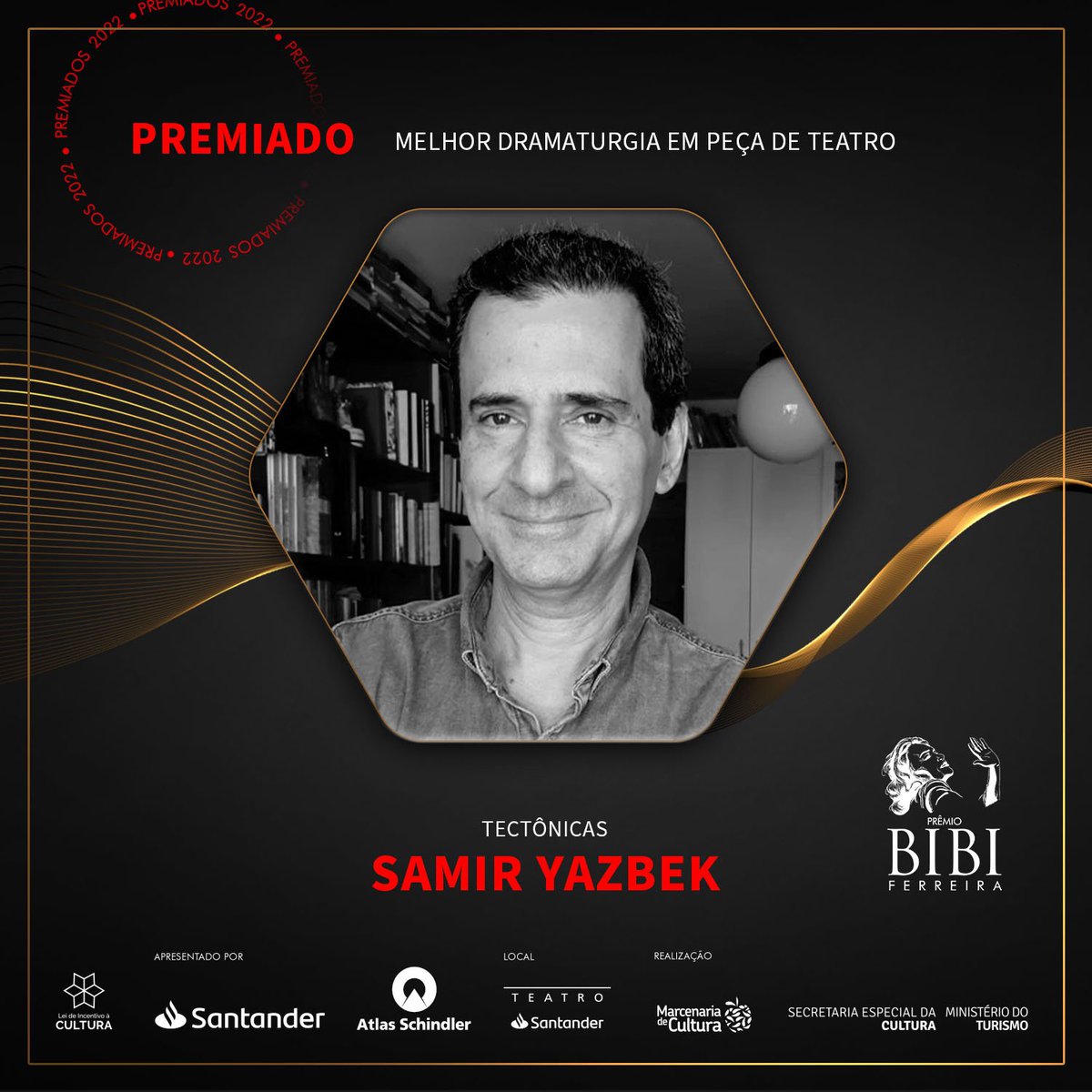 PremioBibi's tweet photo. O Prêmio Bibi Ferreira na categoria Melhor Dramaturgia em Peça de Teatro foi para… Samir Yazbek, por seu trabalho em "Tectônicas".
#premiobibiferreira #premiobibi2022 #teatro #tectonicas https://t.co/avCM1rxHLc