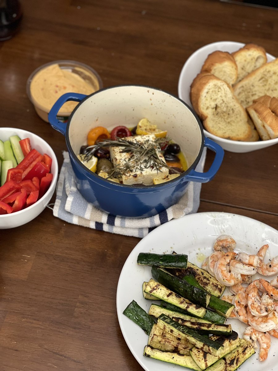 JordanLings's tweet photo. @buzztronics Mediterranean Night. Baked feta with olives and peppers. Grilled shrimp and Zucchini. https://t.co/LSRVMLS2aT