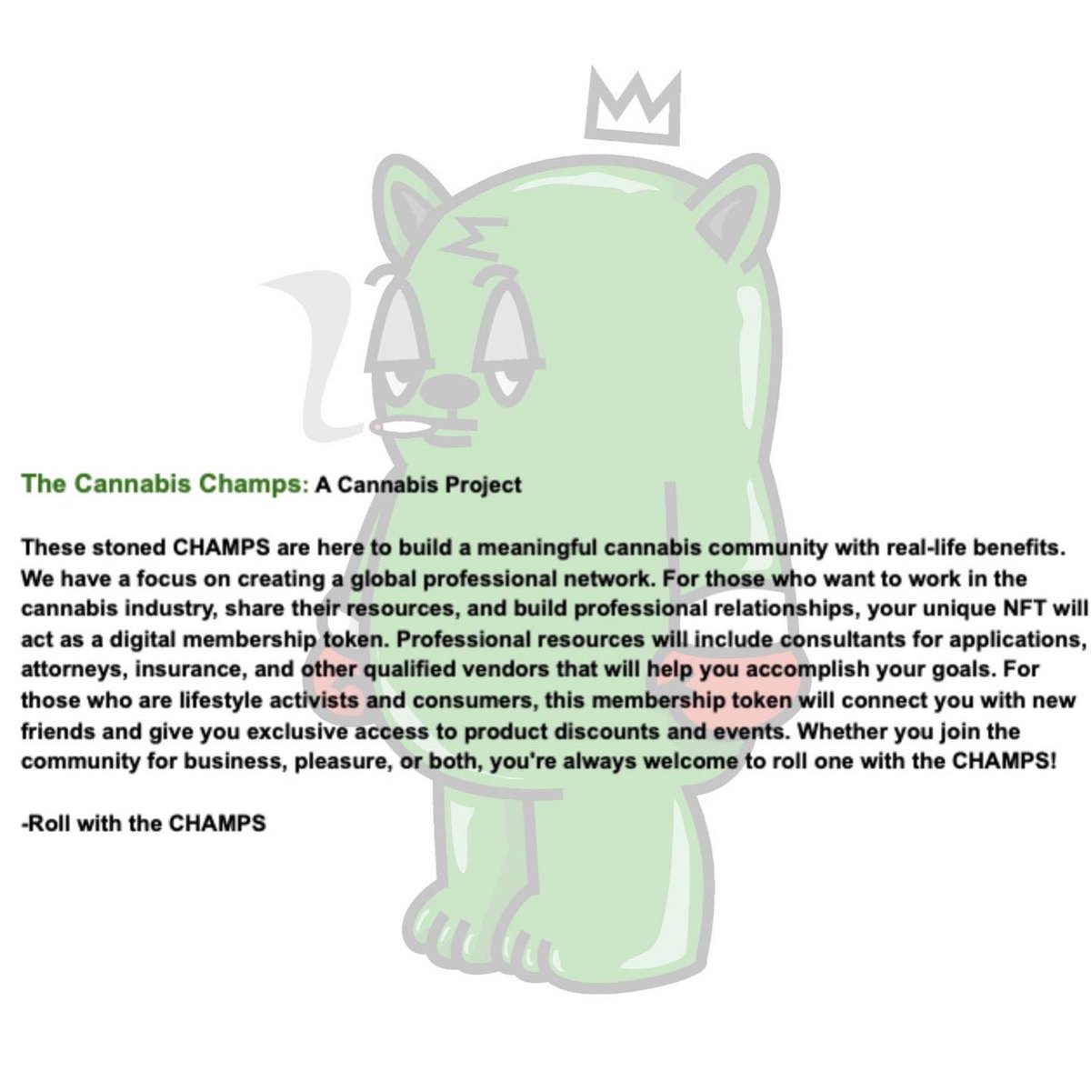theNFTchamps's tweet photo. 𝗥𝗼𝗹𝗹 𝘄𝗶𝘁𝗵 𝘁𝗵𝗲 𝗖𝗛𝗔𝗠𝗣𝗦 🥊🍃🏆

#NFTS #sol #ETHMerge #NFTdrop #cryptocannabis #stonedapecrew #y00ts #cryptocannanisclub #GutterCatGang #skims #multichain #blockchain #crypto #NFT #nftart #art #streetart #DeGodsNFT #CannabisCommunity #cannabisnft #phygital #Etherum https://t.co/vhfOpqLFiA