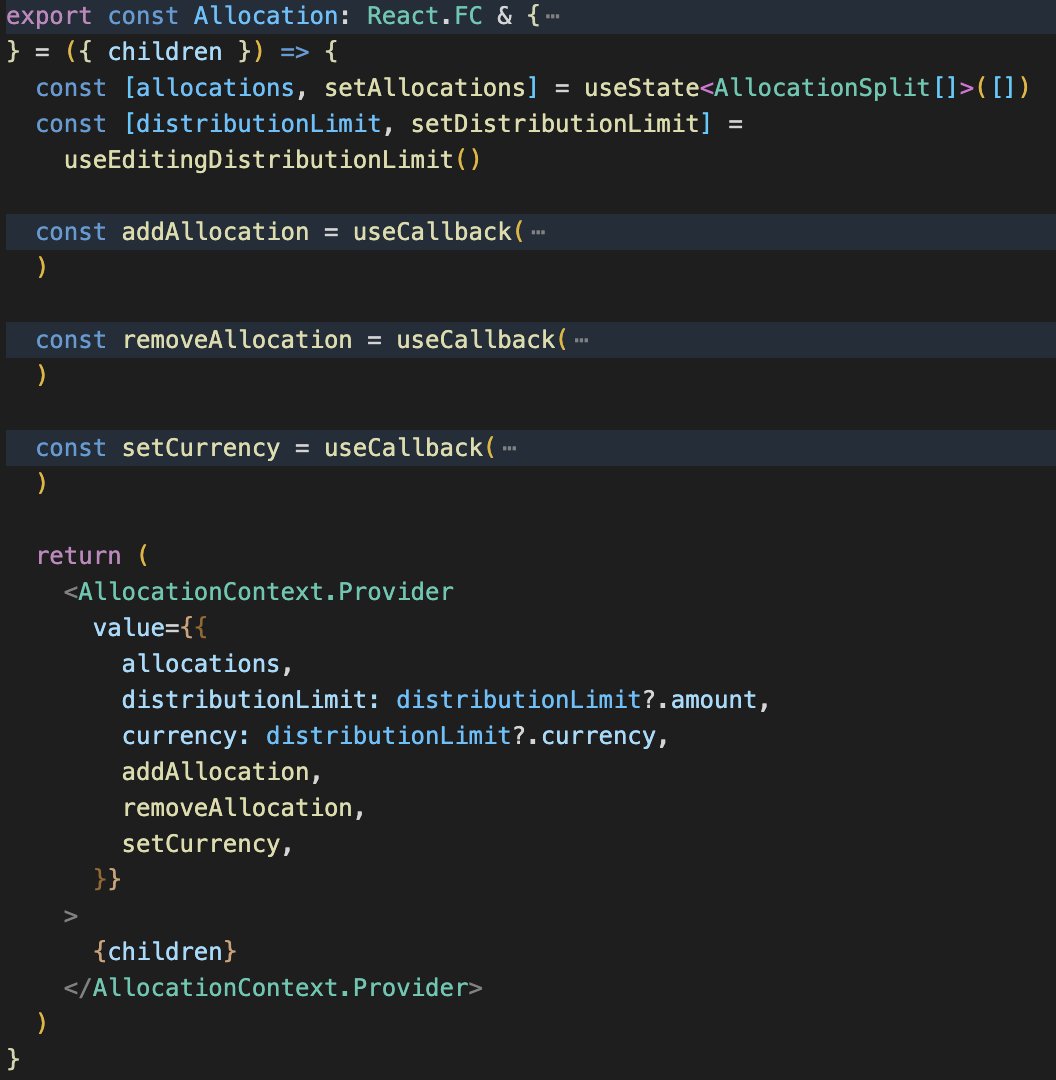 lachmcculloch's tweet photo. Hot new way of doing distribution split editing, coming soon...
@JohnnyD_eth @bKrespo 

Side note - Context/Provider pattern in #react is hot af 🔥 https://t.co/1tsyZhsLI8