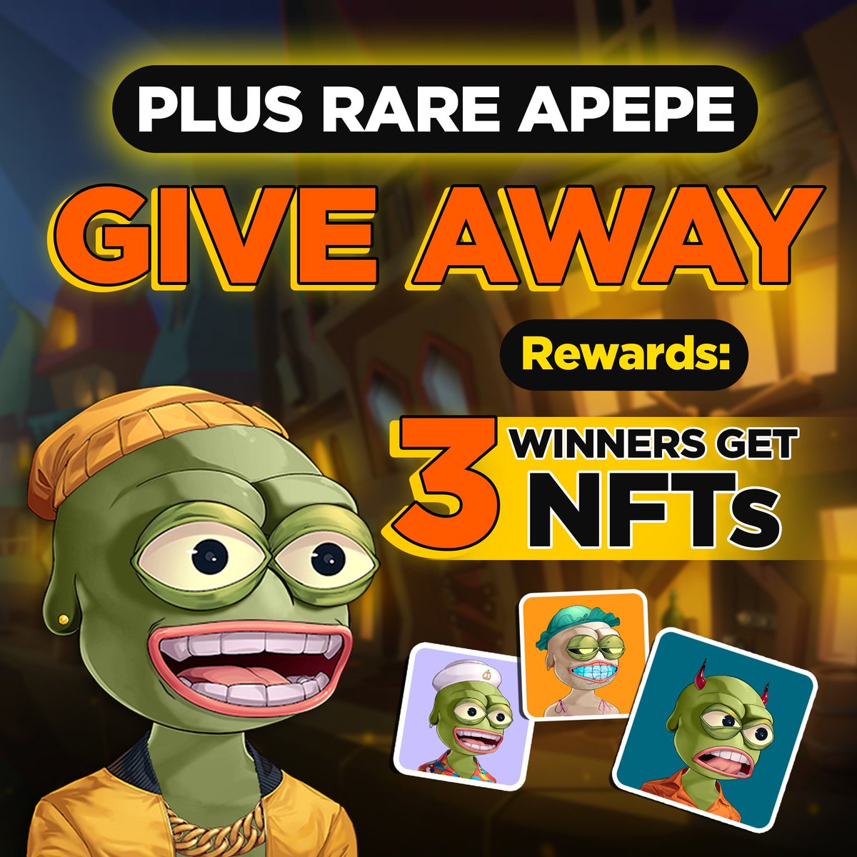 PlusRareApepeYC's tweet photo. Plus Rare Apepe NFT giveaway  

Requirements:
1️⃣Follow us
2️⃣Like, RT this post 
3️⃣Tag @PlusRareApepeYC &amp; 3 friends 

Rewards: 3 winners get 
@PlusRareApepeYC NFTs
⏳24 hrs https://t.co/fRHWJUUO8e