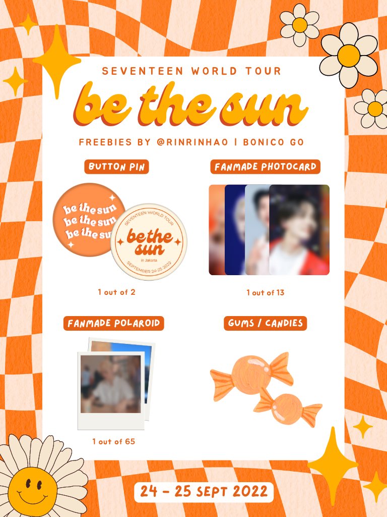 rinrinhao's tweet photo. [RTs and likes are vv appreciated]

🧡 SEVENTEEN BE THE SUN IN JAKARTA 🧡

✨🌻Freebies by BONICO GO🌻✨

📍 ICE BSD
📅 DAY 1 &amp; DAY 2
⏱ TBA

Details in pic, limited QTY!

No rules!
but let’s be moots if you don’t mind 💖

SEE YOU CARATs! 🥕✨
#BETHESUNinJKT #SEVENTEEN https://t.co/LhxxUrG7x7