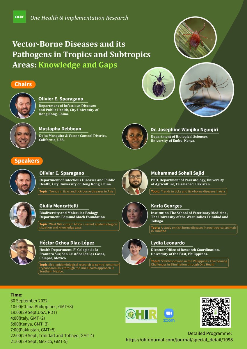 Happy to share the upcoming webinar with you!
🌸Chairs: 
Olivier Sparagano <a href="/CityUHongKong/">CityU Hong Kong</a> 
Mustapha Debboun <a href="/MDebboun/">Mustapha Debboun</a> 
Josephine Wanjiku Nigunjiri  <a href="/DeltaMVCD/">Delta Mosquito and Vector Control District</a> 
🔖TOPIC: Vector-borne diseases-6⃣ Talks 
🕙TIME: 30 Sept 10:00AM (GMT+8)
🔗Register for free: ohirjournal.com/journal/webina…