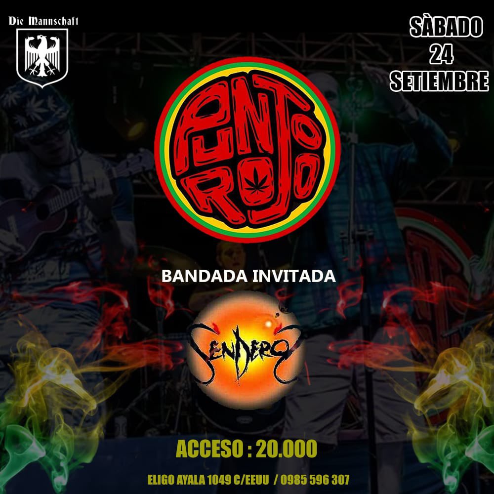 ESTE SABADO 24/09 MÚSICA EN VIVO <a href="/PuntoRojopy/">Punto Rojo Py</a> en vivo junto a Senderos🔥🤘🏻🍻😻
en DIE MANNSCHAFT CENTRO.
📲0985596307.
ABRIMOS 19hs.
Música en vivo 00hs aprox.
Prost!🍻🇩🇪🇵🇾