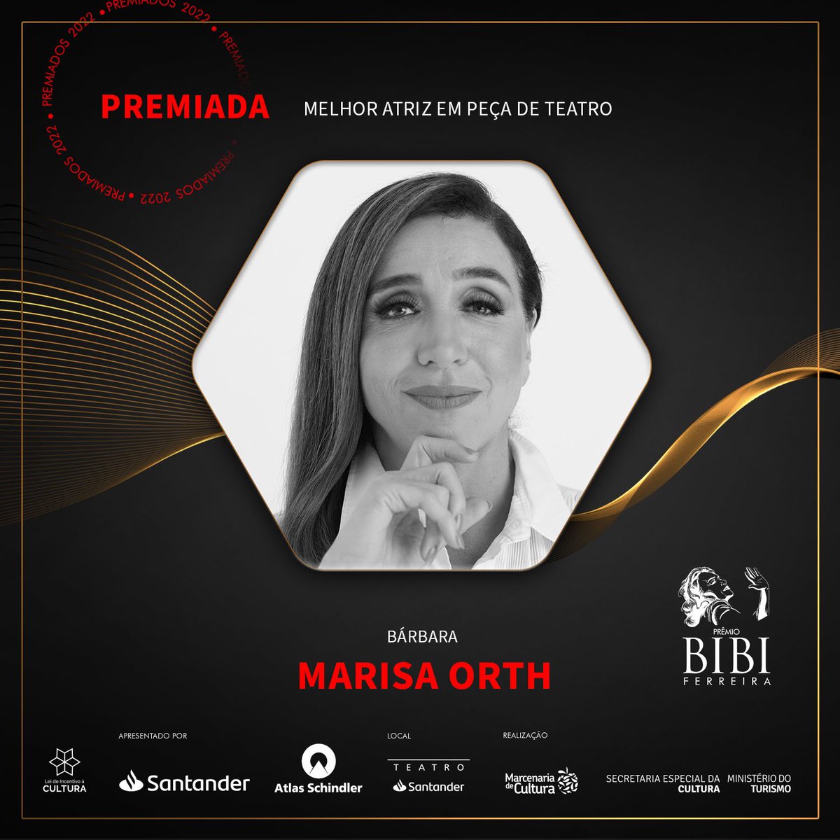 PremioBibi's tweet photo. O Prêmio Bibi Ferreira na categoria Melhor Atriz em Peça de Teatro foi para… Marisa Orth, por sua atuação em "Bárbara".

#premiobibiferreira #premiobibi2022 #teatro #barbara https://t.co/cmr3XrZ2o5