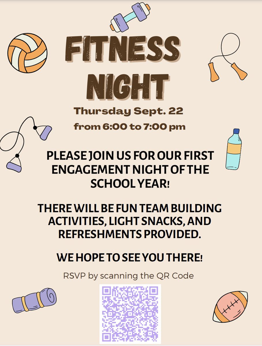 Come join us Thursday for Westbrook's first engagement night of the year! Our theme is fitness, so come dressed for success to do some team building activities and fun games! Bring your families to our gym from 6- 7 PM to enter our raffle and receive snacks for everyone!