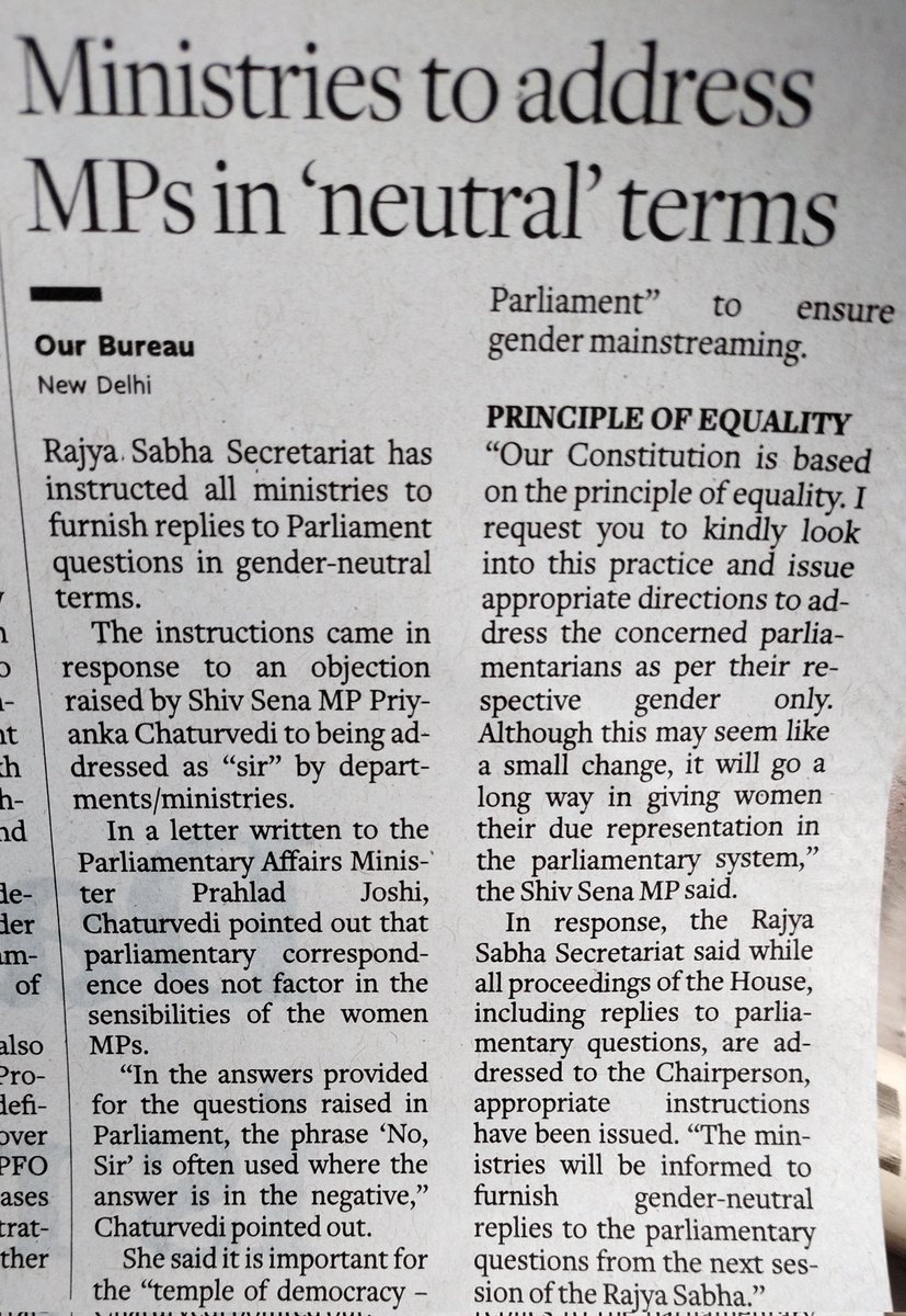 Advocate Spandana Reddy (@spandana_adv) on Twitter photo Old habits/practices die hard. And this one did finally. Thanks, <a href="/priyankac19/">Priyanka Chaturvedi🇮🇳</a> <a href="/JoshiPralhad/">Pralhad Joshi</a> #GenderEquity #RajyaSabha #Loksabha <a href="/rajyasabhatv/">Rajya Sabha TV</a> <a href="/LokSabha_PRIDE/">PRIDE | LOK SABHA SECRETARIAT</a> Old habits/practices die hard. And this one did finally. Thanks, <a href="/priyankac19/">Priyanka Chaturvedi🇮🇳</a> <a href="/JoshiPralhad/">Pralhad Joshi</a> #GenderEquity #RajyaSabha #Loksabha <a href="/rajyasabhatv/">Rajya Sabha TV</a> <a href="/LokSabha_PRIDE/">PRIDE | LOK SABHA SECRETARIAT</a>