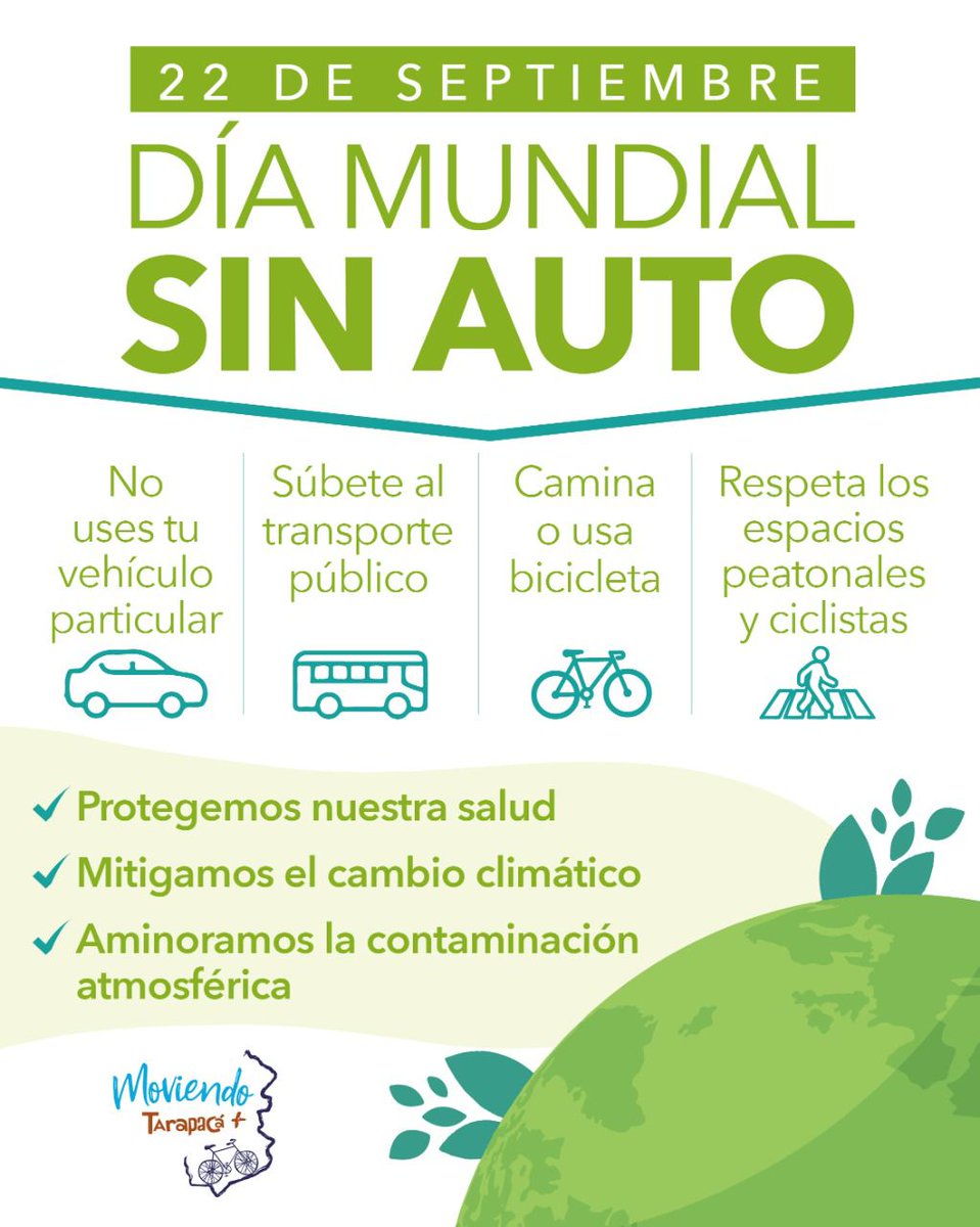 #DíaMundialSinAuto🚶‍♀️🚶🚲🛴🛹

Hoy, en el Día Mundial sin #auto, destacamos el camino que ya inició el Gobierno para generar un Plan maestro de #ciclovías en #Iquique.

Como <a href="/Gore_Tarapaca/">Gobierno Regional Tarapacá</a> seguiremos apoyando estas iniciativas que mejoren la #movilidad de nuestros territorios. 💪
