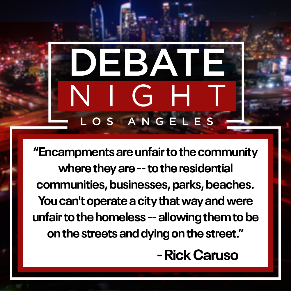 FOXLA's tweet image. Mayoral candidate Rick Caruso on #homeless encampments: &quot;At a certain point in time, you can no longer allow encampments.&quot; #FOX11Debate WATCH #LIVE: bit.ly/3BXja2G