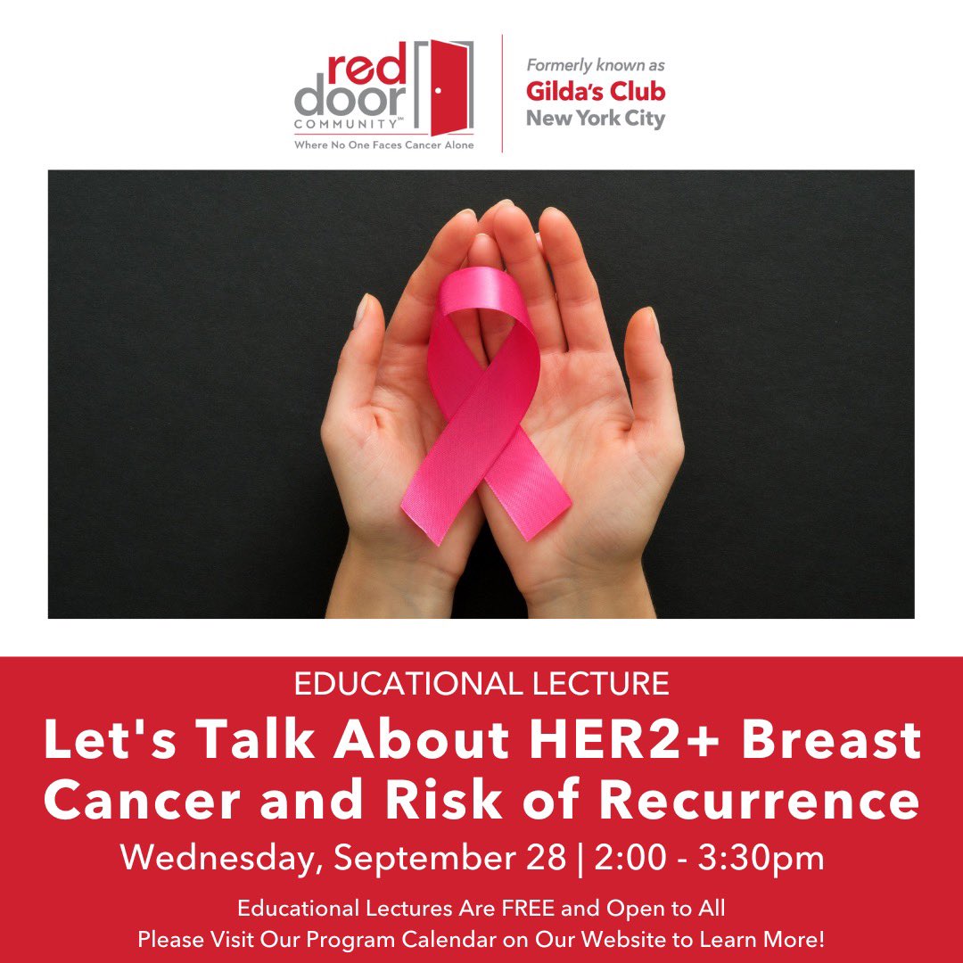 RedDoorCm's tweet image. Join us next Wednesday, September 28th at 2:00 PM on Zoom for our Let&apos;s Talk About HER2+ Breast Cancer and Risk of Recurrence Lecture ❤️ Register via the Program Calendar found on our website at reddoorcommunity.org !
 
#RedDoorCommunity #EducationalLecture #BreastCancer