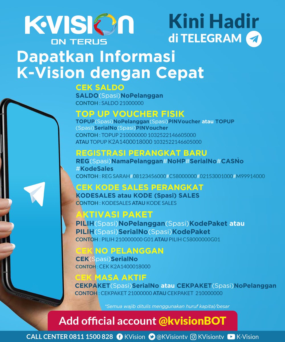 kvisiontv's tweet photo. Dapetin layanan dan informasi K-Vision dengan cepat melalui chat bot Telegram! 🤩👏🏻
Ayo add accountnya dan nikmati kemudahannya hanya melalui genggaman!
K-Vision On Terus!
#KVision #KVisionOnTerus #TVDigitalJamanNow #DIJAMIN #TVBerlangganan #TVBerbayar #InfoKVision https://t.co/h17svSKqIF