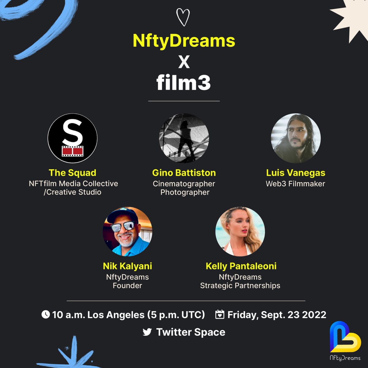 VTRUDreamers's tweet photo. Dreamers! Join us for an epic space w/ @techbubble, @kellypantaleoni, @nftfilmsquad, @film_freako, and @GinoBattiston to discuss Film3 (Filmmaking in Web3)!

When : 10am PST (5pm UTC) Sept 23
Where : Twitter Space
https://t.co/TP2LAqmEoj

Tag your filmmaker &amp; actor friends!
💙💛 https://t.co/Uovz7xzZcw