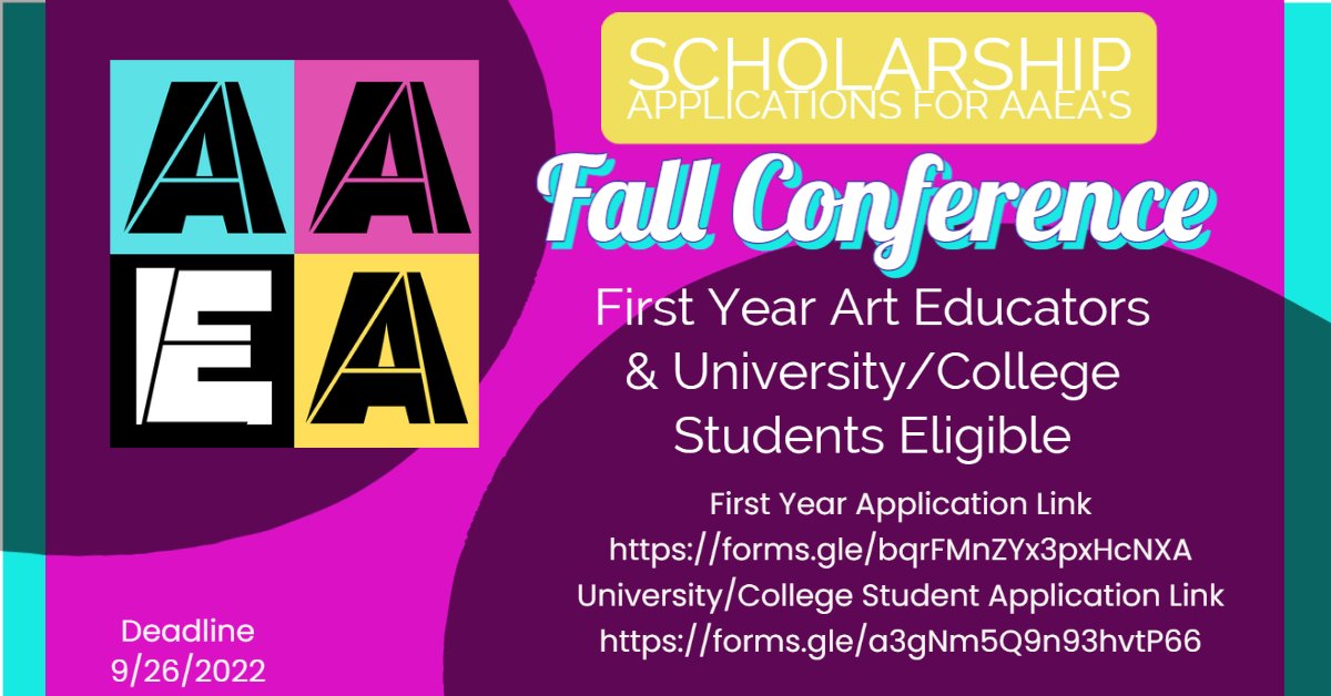 DEADLINE EXTENDED! Help us spread the word about these two scholarship opportunities to help First Year Art Educator and a University/College student attend the Fall 2022 Conference in October. You now have until 9/26 to apply:
buff.ly/3LwDuuU
buff.ly/3Uxdt2X