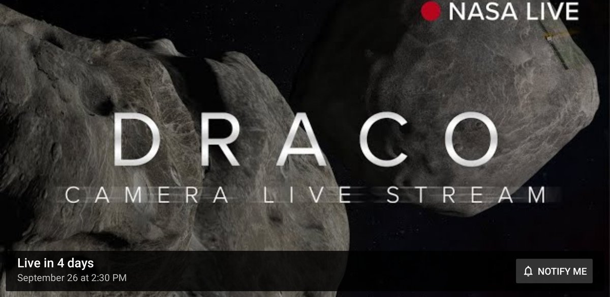 FancyPantsMYC43's tweet photo. Watch a Live Feed from NASA’s DART Spacecraft on Approach to Asteroid Dimorphos

🕝September 26th at 2:30pm🕝

NASA’s #DoubleAsteroidRedirectionTest has one single instrument onboard that serves as the eye for DART – the Didymos Reconnaissance &amp; Asteroid Camera for Optical Recon. https://t.co/oCnxef5KUD