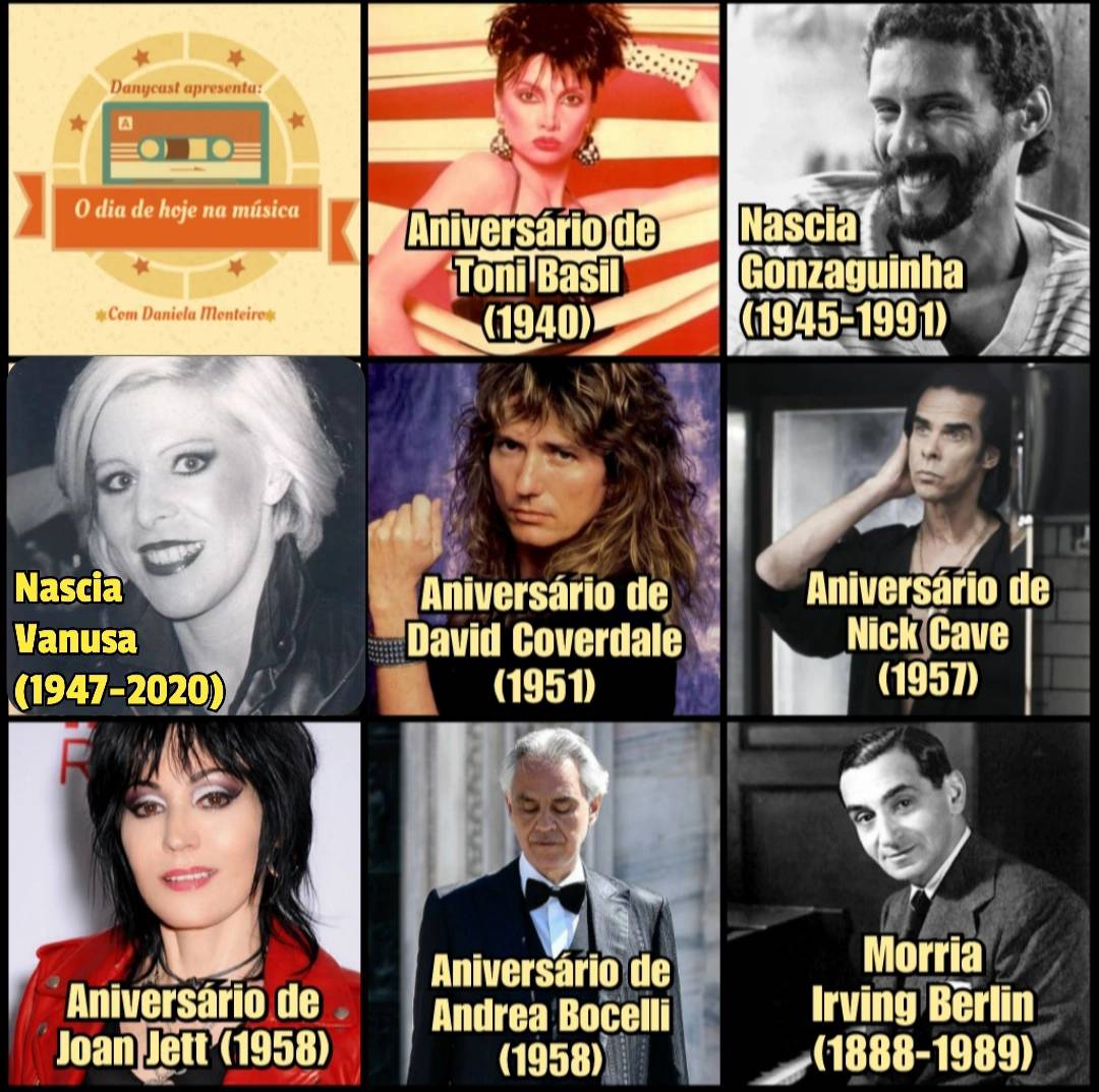 danielamonteiro's tweet photo. Edição 22 de setembro! 🎶
#danycast #thisdayinmusic #hojenamúsica #tonibasil #gonzaguinha #vanusa #davidcoverdale #whitesnake #nickcave #badseeds #joanjett #therunaways #blackhearts #andreabocelli #irvingberlin https://t.co/Rm2G1oFRdi