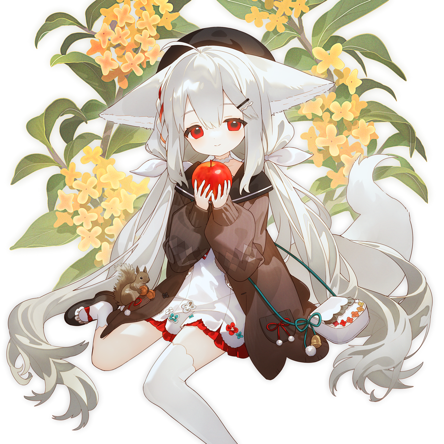 1girl animal ears tail food red eyes fruit holding food  illustration images