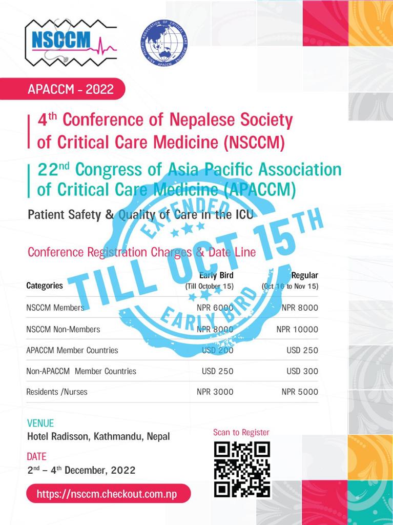 NSCCMOfficial's tweet photo. Early bird registration for the upcoming NSCCM and APACCM International Conference is available until 15 Oct 2022. #CriticalCare #Nepal #ICU 
https://t.co/QwuPgqE59g https://t.co/eMKDqKTrDP