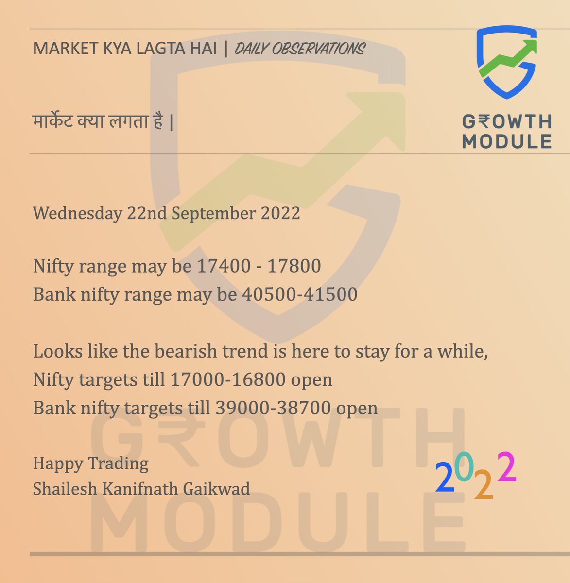 GrowthModule's tweet image. As expected market looks like ready for a gap down move. 
Manage the trades well, keep a TSL not very close to price and try to stay in the trade for a bigger target.
Make most of it. #nifty #banknifty #niftyoptions
