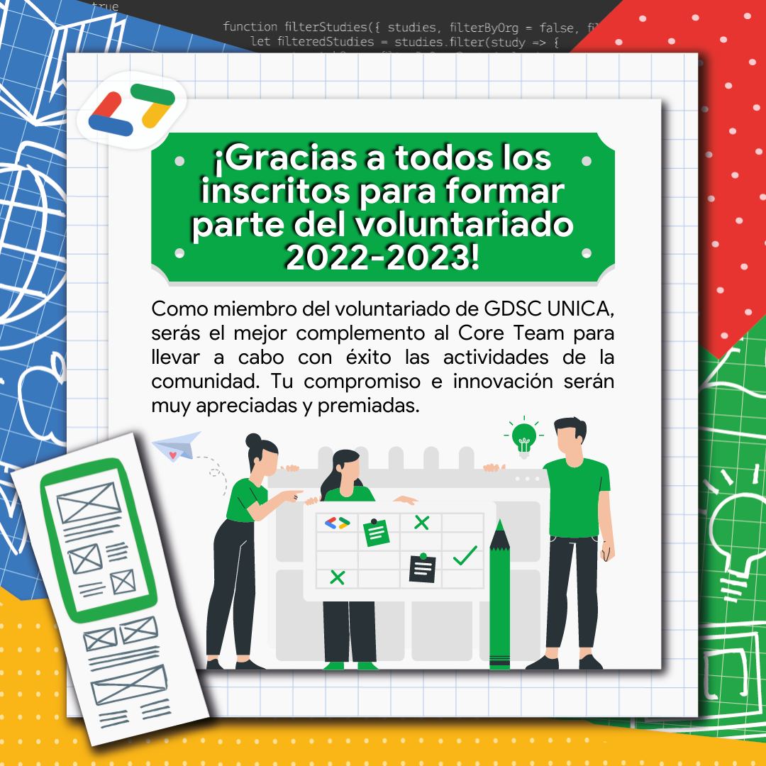 dsc_unica's tweet photo. ¡Gracias a todos los inscritos para formar parte del Core Team y Voluntariado de #GDSCUNICA 2022-2023! 🎯👐
#gdsc #google #tecnologia #comunidad #coreteam #voluntariado https://t.co/9AtXz2SgRE