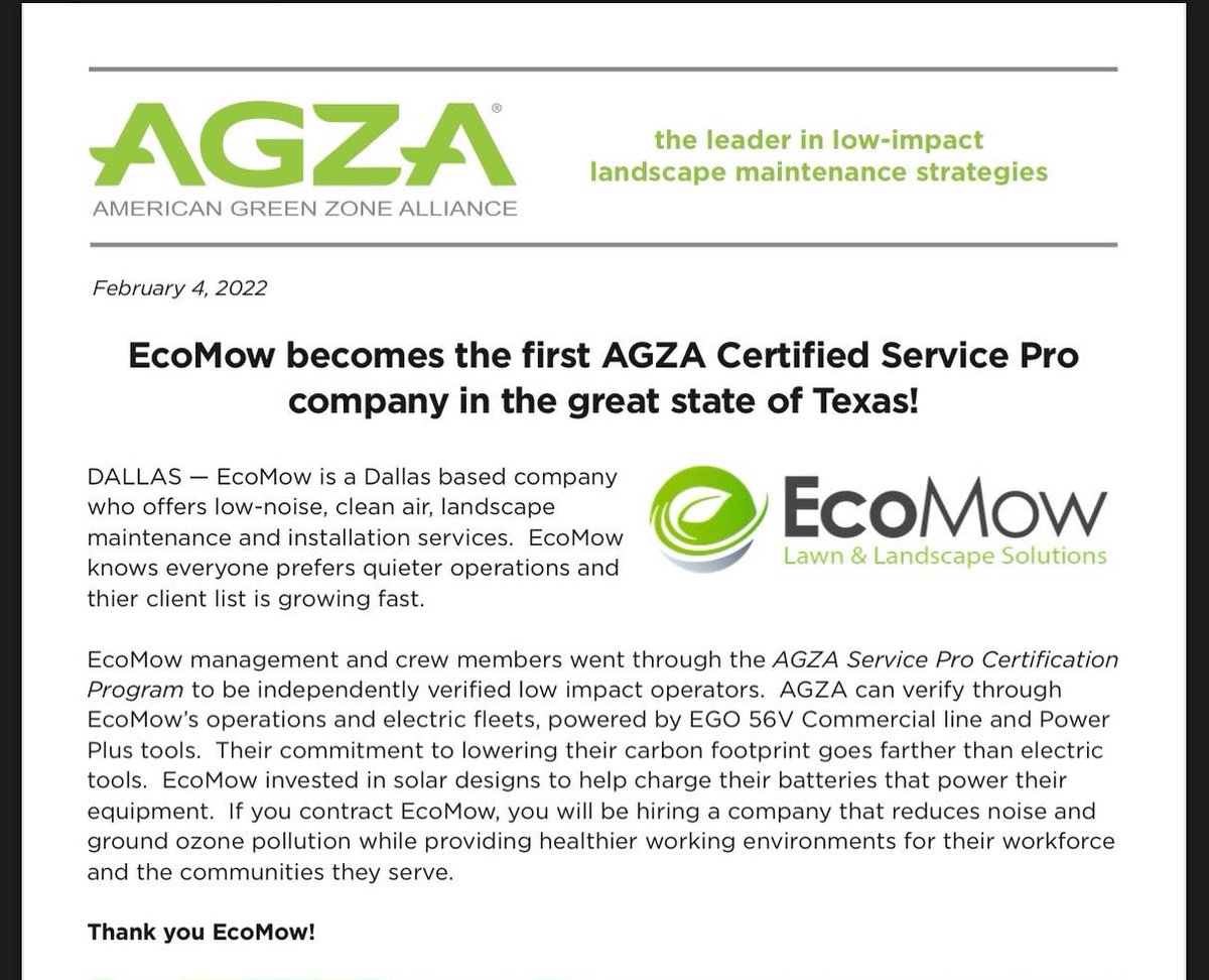 EcoMow1's tweet photo. EcoMow Lawn &amp; Landscape LLC becomes first AGZA certified service pro in Texas.
#agza #americangreenzonealliance #ZeroEmissions #ecomow #batterypowered #lawncare https://t.co/zyo2TmDy7M