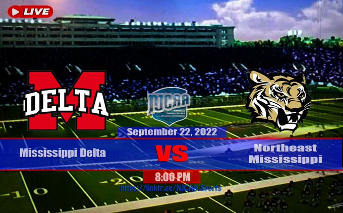 🏈 Mississippi Delta vs. Northeast Mississippi
📽️ Live Streaming - is.gd/6rj3S8
🗓 Thu, Sept 22 2022
⏰ 8 PM
<a href="/MDCC/">Mississippi Delta</a> <a href="/MDCCATHLETICS/">MDCCATHLETICS</a> <a href="/CoachZacSias/">Zac Sias</a> <a href="/coachfarris9/">Kent Farris</a> <a href="/NortheastAT/">NEMCC Athletic Training</a> <a href="/mputtpt/">Michael Putt</a> <a href="/MDCCSB/">MDCCSOFTBALL</a> <a href="/katbruner28/">Kat Bruner</a>