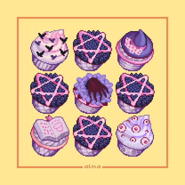 nimasain's tweet photo. i heard it's spooky season soon, so i summoned some cupcakes🧙‍♀️🪄🪄

#pixelart #ドット絵 https://t.co/9vgBpVghtk