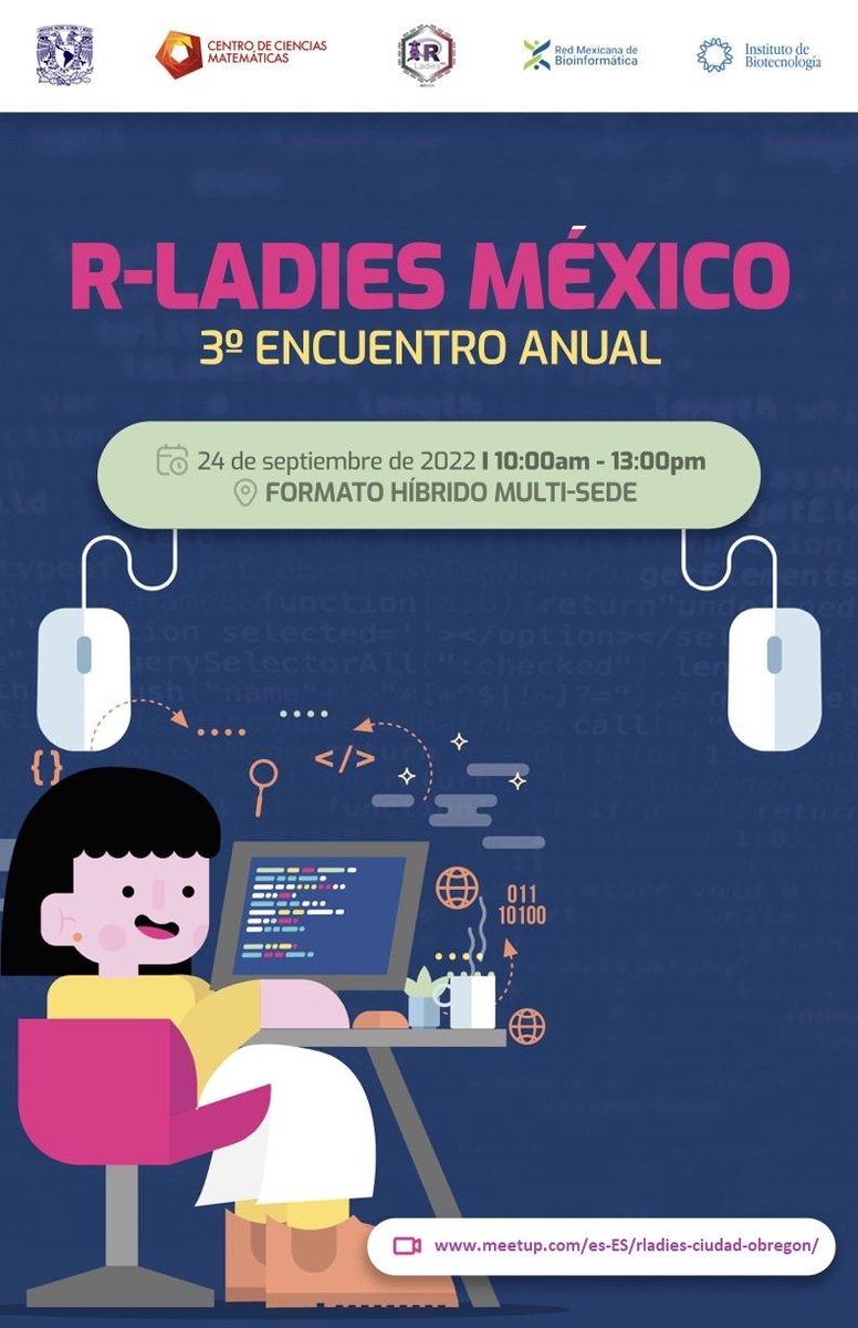 RLadies_Sonora's tweet photo. #RLadies | El próximo 24 de septiembre se llevará a cabo el 3er. Encuentro Nacional de R-Ladies 👩🏻‍💻🇲🇽

📍Formato Híbrido Multi-Sede

Talleres simultáneos (11H.):
➡️ Sintaxis de ggplot2
➡️ Hasta el chisme tiene ciencia
➡️ Haz tu CV automatizado en Rmarkdown

🧵 talleres https://t.co/YaIE0s4MgR
