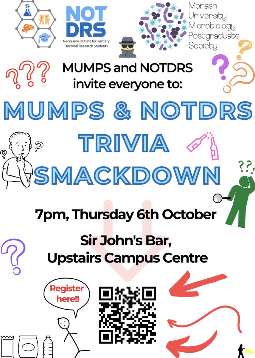 MonashMUMPS's tweet photo. Gather up a team and sign up for a chill and refreshing Trivia night on 6th October hosted by @MonashMUMPS and @NOTDRS_Monash at St Johns bar! Restration link: https://t.co/XZNU5BfyfU https://t.co/zpUBQUmt0g