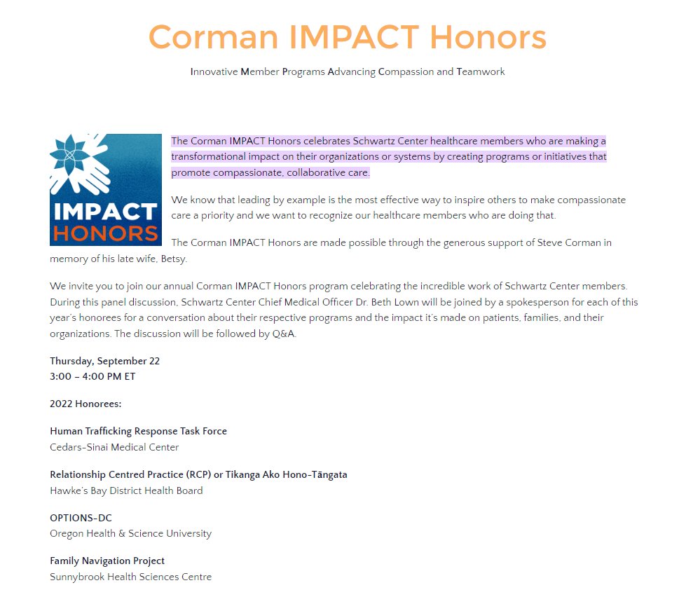 Awesome to see the OPTIONS-DC collaboration between our ID Division, the IMPACT team, & so many clinical groups at @OHSUNews be recognized as one of @theSCCH's Corman IMPACT 2022 Honors programs!! Award celebration 12-1pm PST 9/22/22 - register below. theschwartzcenter.org/recognition-pr…