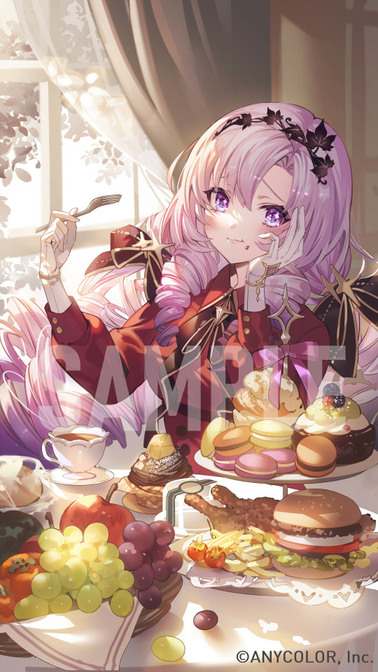 hyakumantenbara salome 1girl food solo purple eyes cup long hair fork  illustration images