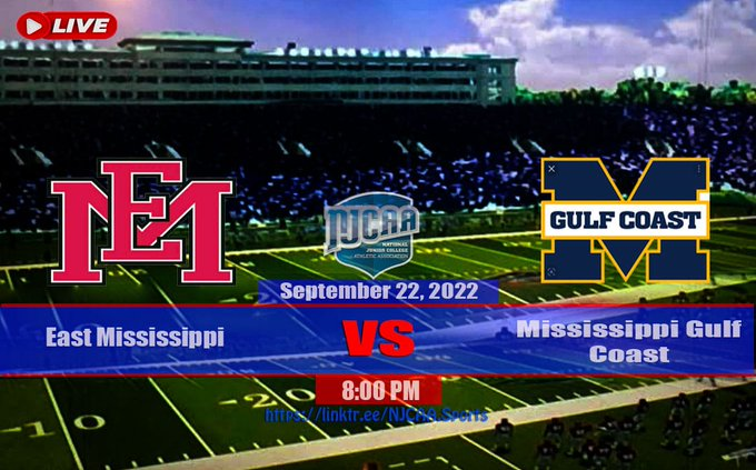 🏈 East Mississippi vs. Mississippi Gulf Coast
📽️ Live Streaming - is.gd/4OosvX
🗓 Thu, Sept 22 2022
⏰ 8 PM
<a href="/Coastfootball/">Coast Football™</a> <a href="/CoastHSSports/">Gulf Coast High School Sports</a> <a href="/CoachWrightPerk/">Jack Wright</a> <a href="/theonlyrico18/">Rico Dorsey Jr.</a> <a href="/clarencemcdoug1/">Coach McDougal</a>