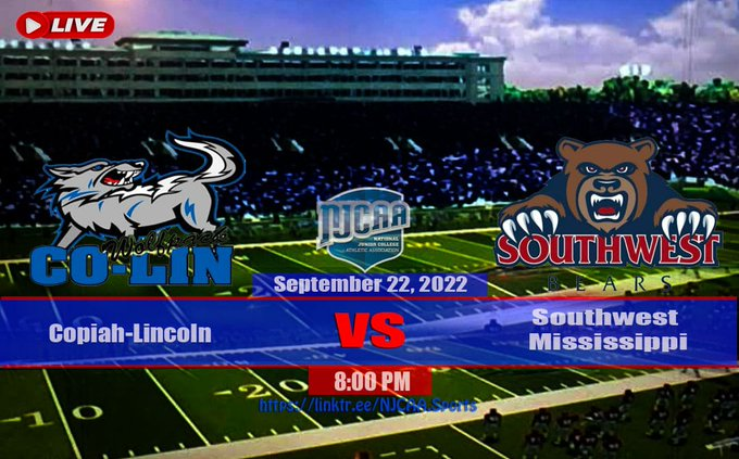 🏈 Copiah-Lincoln vs. Southwest Mississippi
📽️ Live Streaming - is.gd/6rj3S8
🗓 Thu, Sept 22 2022
⏰ 8 PM
<a href="/CoLinFootball/">Co-Lin Football</a> <a href="/lamargray_kxng/">Such a dog🥶👁‍🗨</a> <a href="/rnoodles20/">Raymond Morales</a> <a href="/big_josh51/">Big josh51🦍🇻🇳‼️ JOSHUA EALY</a> <a href="/Coachjsg74/">Jason Guthrie</a> <a href="/SMCC_Athletics/">SMCC Athletics</a> <a href="/smccfootball/">SMCC Football</a> <a href="/IzavionMiller/">Izavion TooTall Miller</a> <a href="/javian_2/">The Javian Jackson</a> <a href="/Dkharristm/">D.K. Harris</a> <a href="/Keblackm5/">Kepatrick Magee🃏</a>