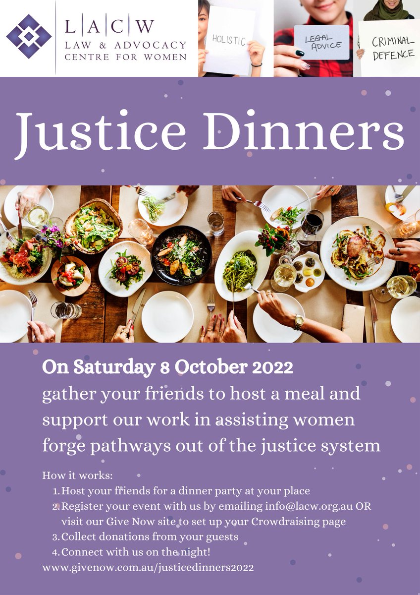 LACW's Justice Dinners are just around the corner! Create your Crowdraiser here: givenow.com.au/justicedinners… (or email us to do it for you! info@lacw.org.au)