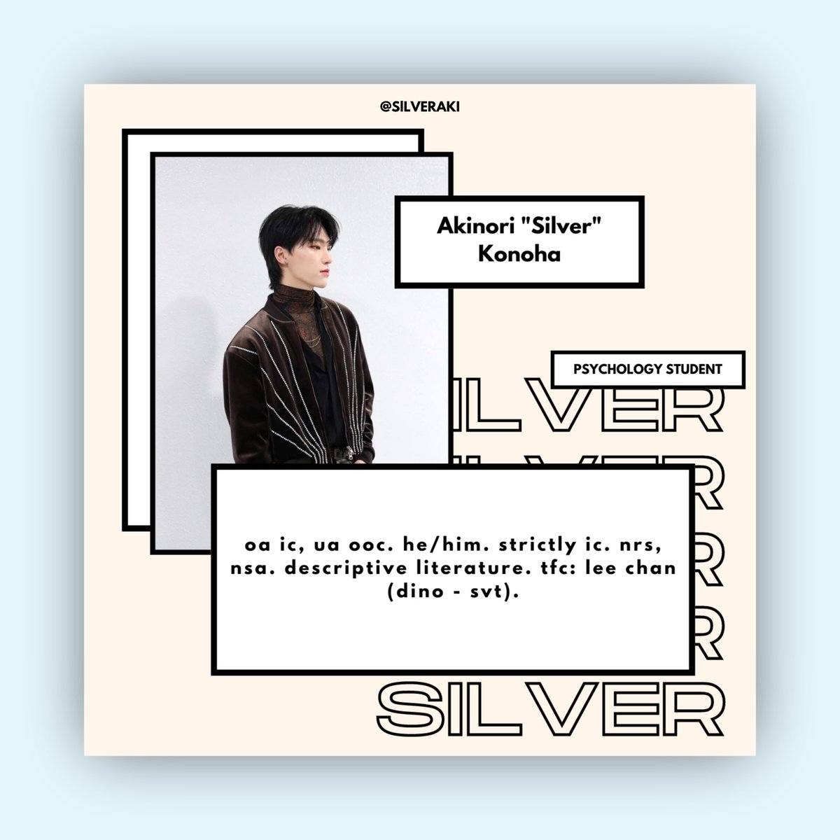 ︎
                        
︎                               
                AKINORI SILVER KONOHA ︎
                           new to #hqrp; 
                     like or rt to be mutuals. 
                        
︎     

  ︎