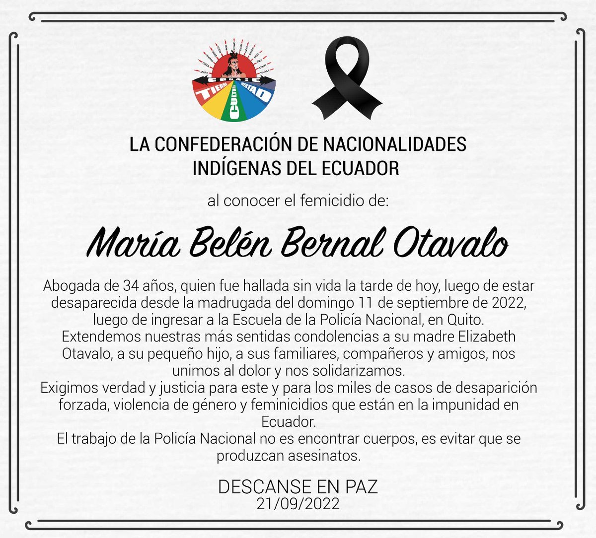 LeonidasIzaEc's tweet photo. Expresamos nuestras condolencias a la familia de #MariaBelenBernal 🕯️.
Una comisión independiente debe investigar los hechos pues este caso  destapó una alarmante realidad que involucra a la Policía y a las instituciones de justicia.
¡Hay miles de casos, no más impunidad! https://t.co/iTCpI63Hzg