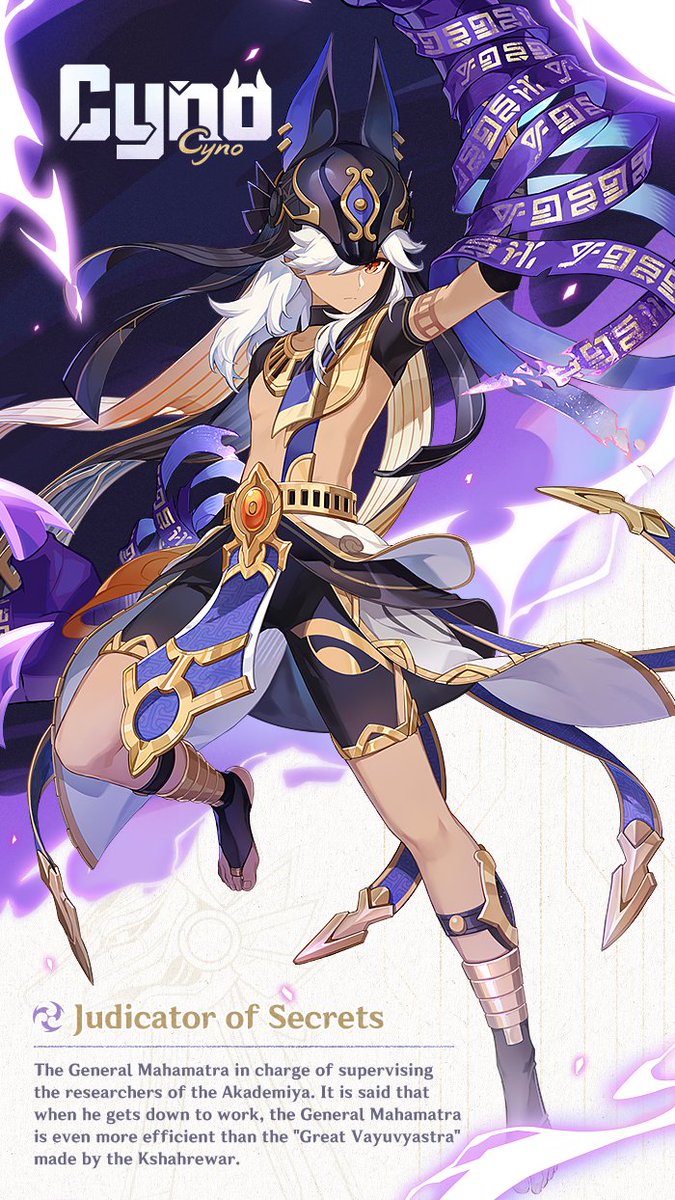 GenshinImpact's tweet image. "You stand condemned."

Hello Travelers~ Today, we will be introducing a new character, #Cyno!
The General Mahamatra in charge of supervising the researchers of the Akademiya.

See Full Details &amp;gt;&amp;gt;&amp;gt;
hoyo.link/b6FDBBAd

#GenshinImpact