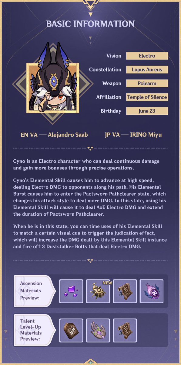GenshinImpact's tweet image. "You stand condemned."

Hello Travelers~ Today, we will be introducing a new character, #Cyno!
The General Mahamatra in charge of supervising the researchers of the Akademiya.

See Full Details &amp;gt;&amp;gt;&amp;gt;
hoyo.link/b6FDBBAd

#GenshinImpact